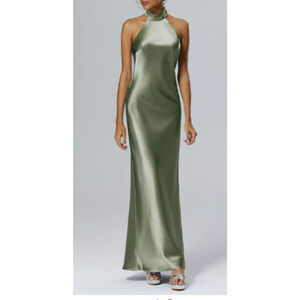 Halter Satin Maxi Dress in Olive Green